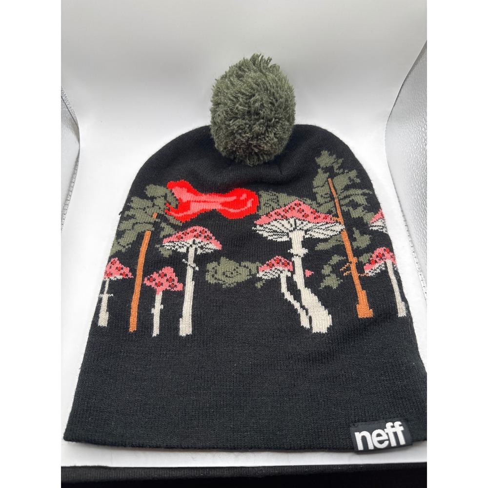 Neff Mushroom Forest Beanie Black Red Toadstool Pom Pom Winter Hat 19F03008
